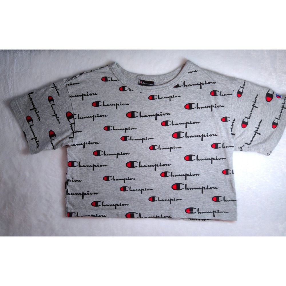 Champion Womens Gray All Over Script Logo Crop Top Tee WL956P XS
